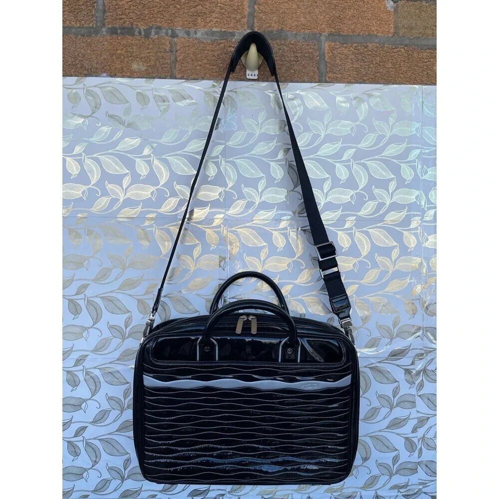 Tumi Black Patent Leather Laptop Briefcase Bag Wave Quilted Retro Whimsigoth Y2K